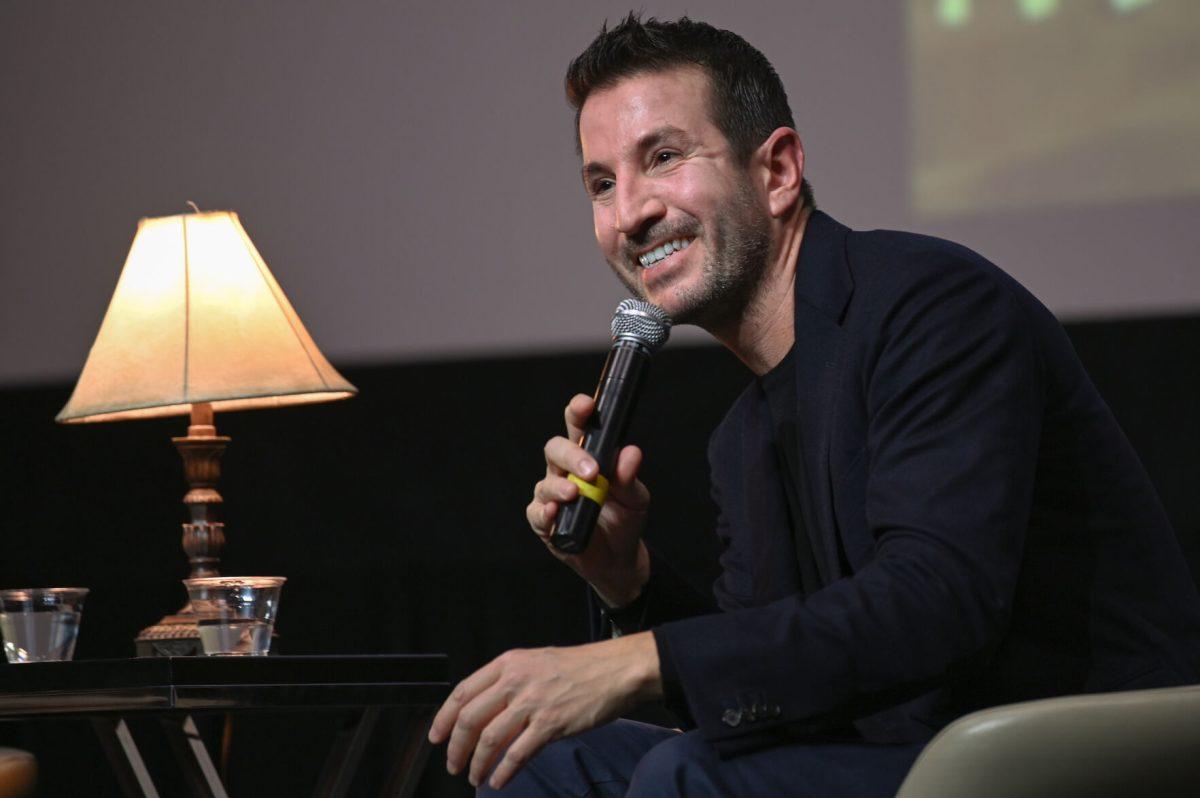 Alex Michaelides, #1 New York Times bestselling author of "The Silent Patient," laughs with the audience during the Author Event in Witherspoon Student Center on Wednesday, Jan. 24, 2024. Michaelides's book, "The Fury" was released earlier this year.