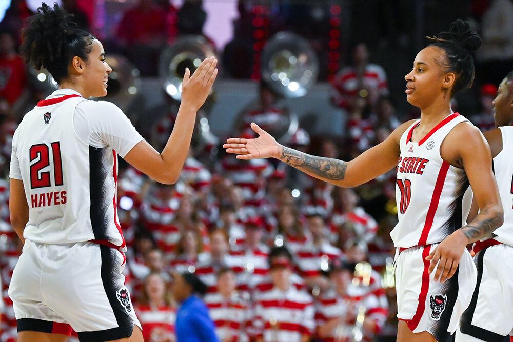 Senior guard Madison Hayes and junior guard Aziaha James high-five during the game against Duke in Reynolds Coliseum on Sunday, Jan. 21, 2024. NC State beat Duke 72-57.