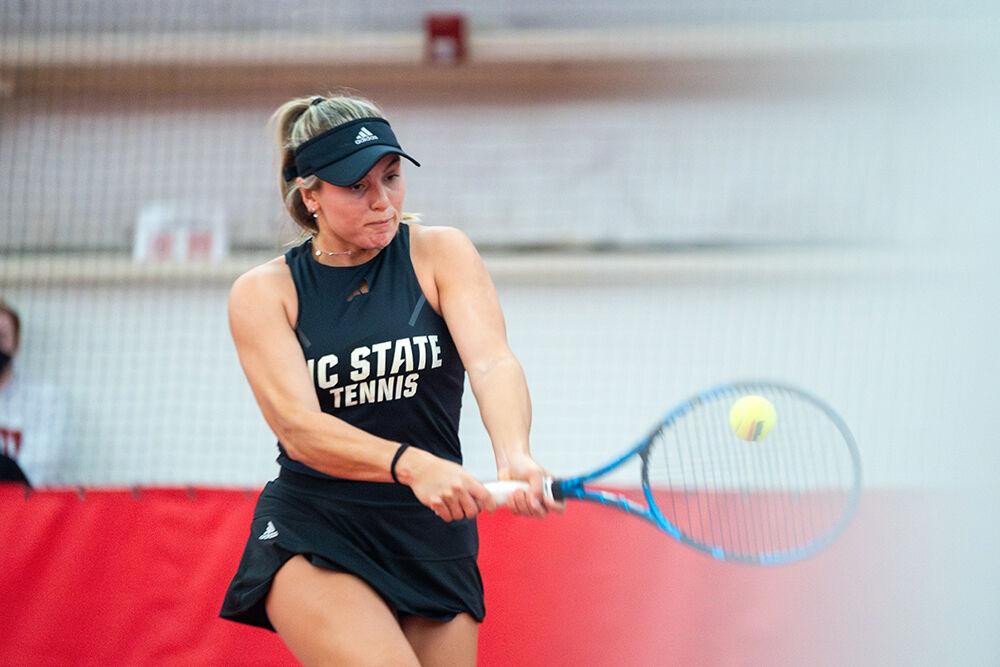 Freshman Gabriella Broadfoot forehands the ball during the match against North Carolina Central at J.W. Isenhour Tennis Center on Saturday, Jan. 20, 2024. Broadfoot won her singles match 6-0, 6-0. NC State beat NC Central 7-0.