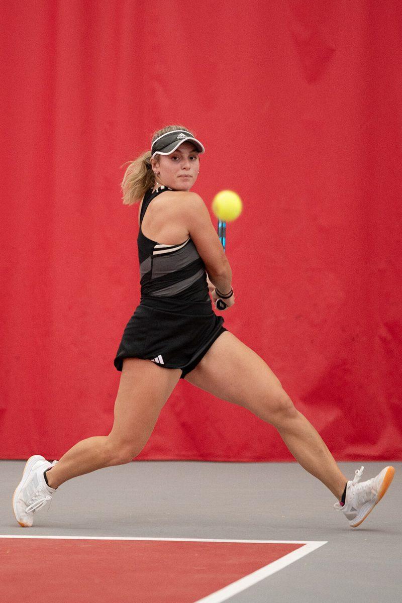 Freshman Gabriella Broadfoot eyes the ball during the match against Clemson at J.W. Isenhour Tennis Center on Sunday, Jan. 28, 2024. Broadfoot's match went unfinished. NC State beat Clemson 4-0.