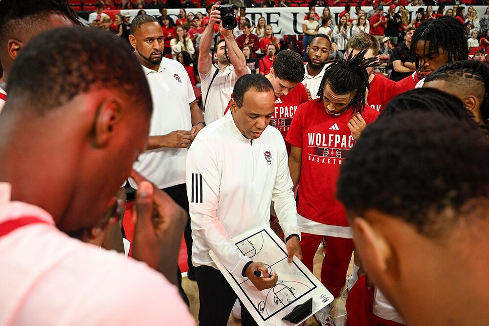 Head coach Kevin Keatts draws up a play before the game against Charleston Southern in PNC Arena on Friday, Nov. 17, 2023. NC State beat Charleston Southern 87-53.