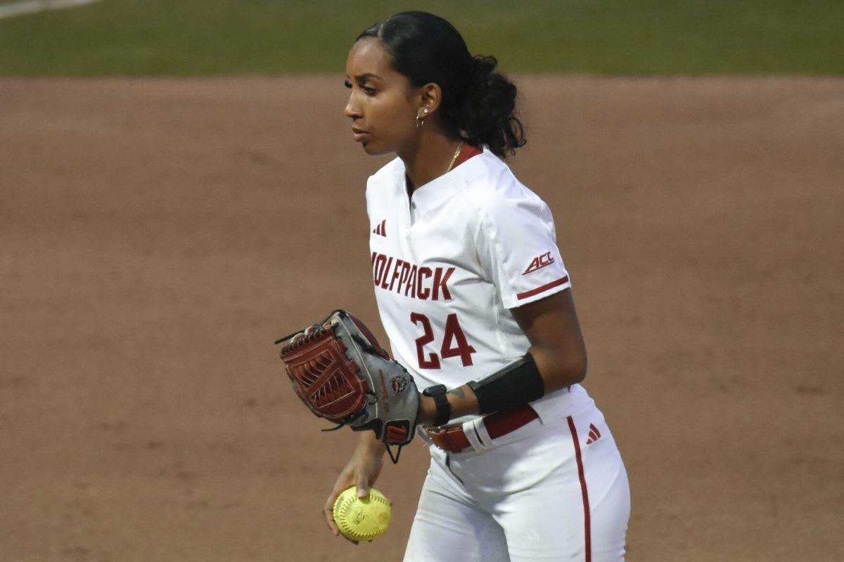 Senior pitcher Aisha Weixlmann concentrates before throwing the ball during the game against Campbell at Dail Softball Stadium on Friday, Feb. 16, 2024. Weixmann was the only NC State pitcher who threw in the game. NC State beat Campbell 4-3.