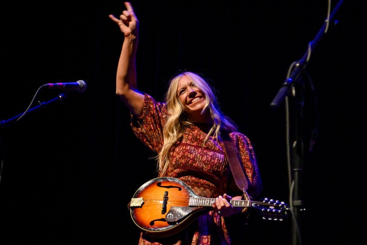 Ellie Holcomb addresses the crowd during the Feels Like Home tour at The Carolina Theatre on Thursday, Feb. 15, 2024. Drew and Ellie Holcomb are a husband and wife Americana duo from Nashville, TN.