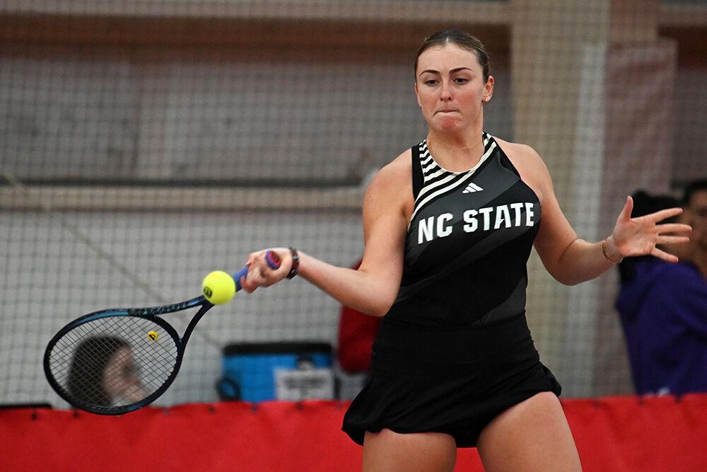 Senior Abigail Rencheli returns the ball during the match against Clemson at J.W. Isenhour Tennis Center on Sunday, Jan. 28, 2024. Both of Rencheli's matches went unfinished. NC State beat Clemson 4-0.