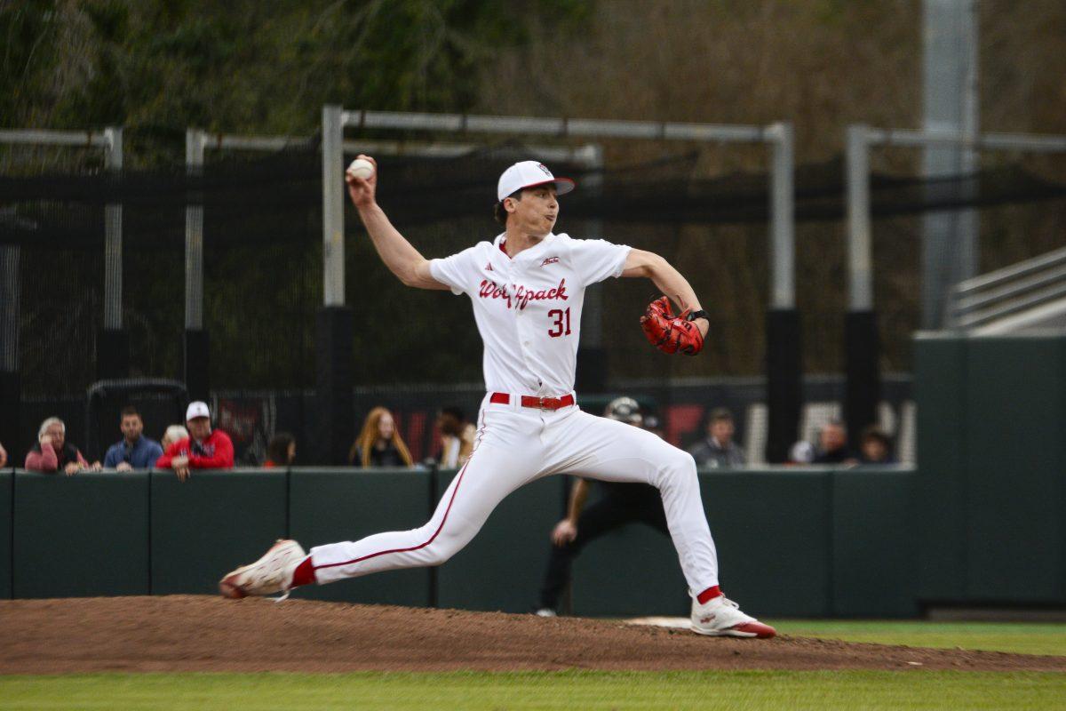Sophomore pitcher Shane Van Dam pitches during the opening day baseball game against VCU at Doak Field at Dail Park on Friday, Feb. 16, 2024. Van Dam had five strikeouts in 4.0 innings played. NC State beat VCU 6-1.