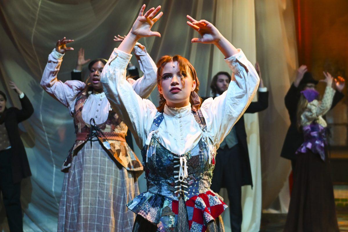 Quinn Kinser, a first-year studying environmental science, dances with the ensemble during the performance of Jekyll and Hyde in Stewart Theatre on Wednesday, Feb. 14, 2024. The musical was based on author Robert Louis Stevenson's novel, "The Strange Case of Dr. Jekyll and Mr. Hyde."