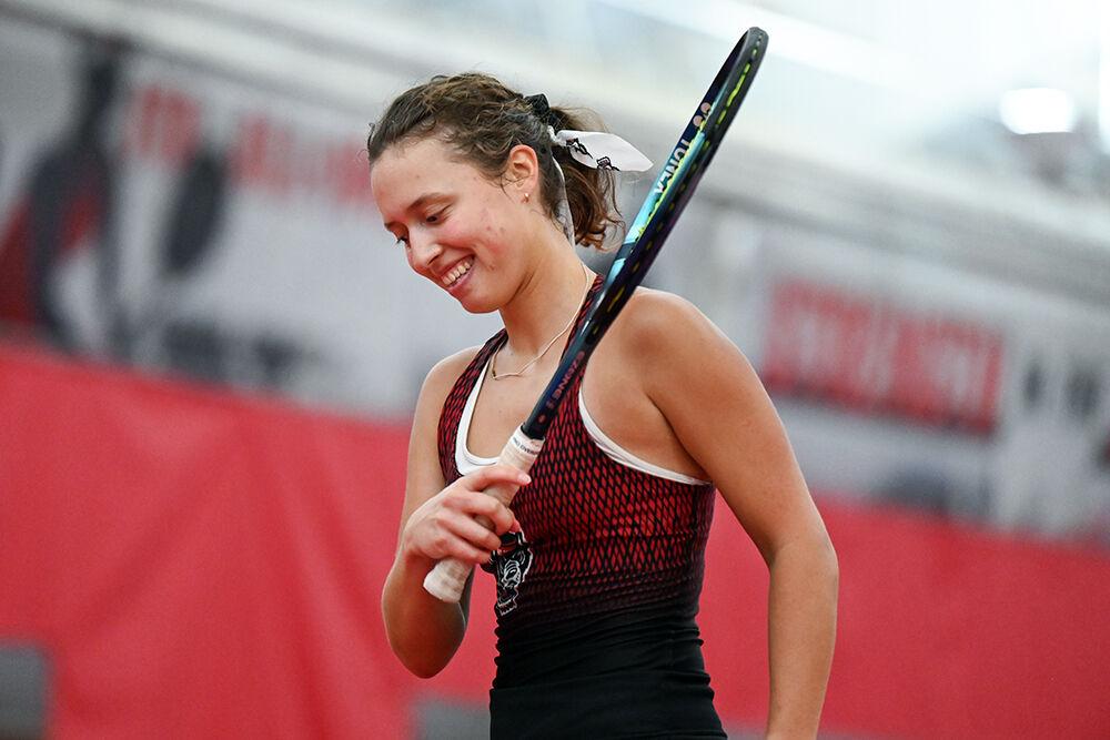 Sophomore Anna Zyryanova smiles after scoring a point during the match against Alabama at J.W. Isenhour Tennis Center on Saturday, Jan. 27, 2024. Zyryanova won both her doubles and singles matches. NC State beat Alabama 4-0.