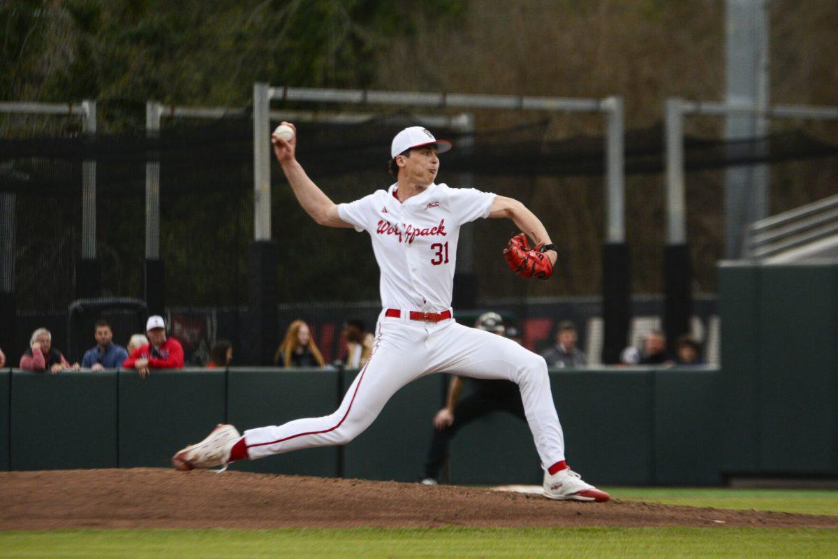 Sophomore pitcher Shane Van Dam pitches during the opening day baseball game against VCU at Doak Field at Dail Park on Friday, Feb. 16, 2024. Van Dam had five strikeouts in 4.0 innings played. NC State beat VCU 6-1.