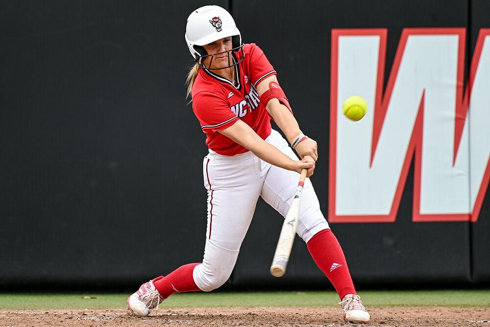 Junior infielder Haley Haislip follows through after hitting the ball during the game against Norfolk State at Dail Softball Stadium on Wednesday, April 26, 2023. NC State beat Norfolk State 10-1.