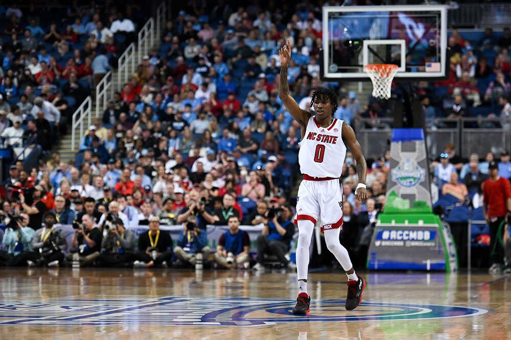 Sophomore guard Terquavion Smith celebrates a 3-pointer during the second round of the Men's ACC Tournament versus the Virginia Tech Hokies in the Greensboro Coliseum on Wednesday, March 8, 2023. Smith scored 30 points against Virginia Tech. The Wolfpack beat the Hokies 97-77.