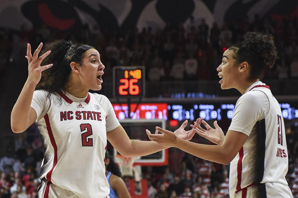 Graduate forward Mimi Collins and senior guard Madison Hayes react to a call made by a referee during the game against UNC-Chapel Hill in Reynolds Coliseum on Thursday, Feb. 1, 2024. The Wolfpack beat the Tar Heels 63-59.