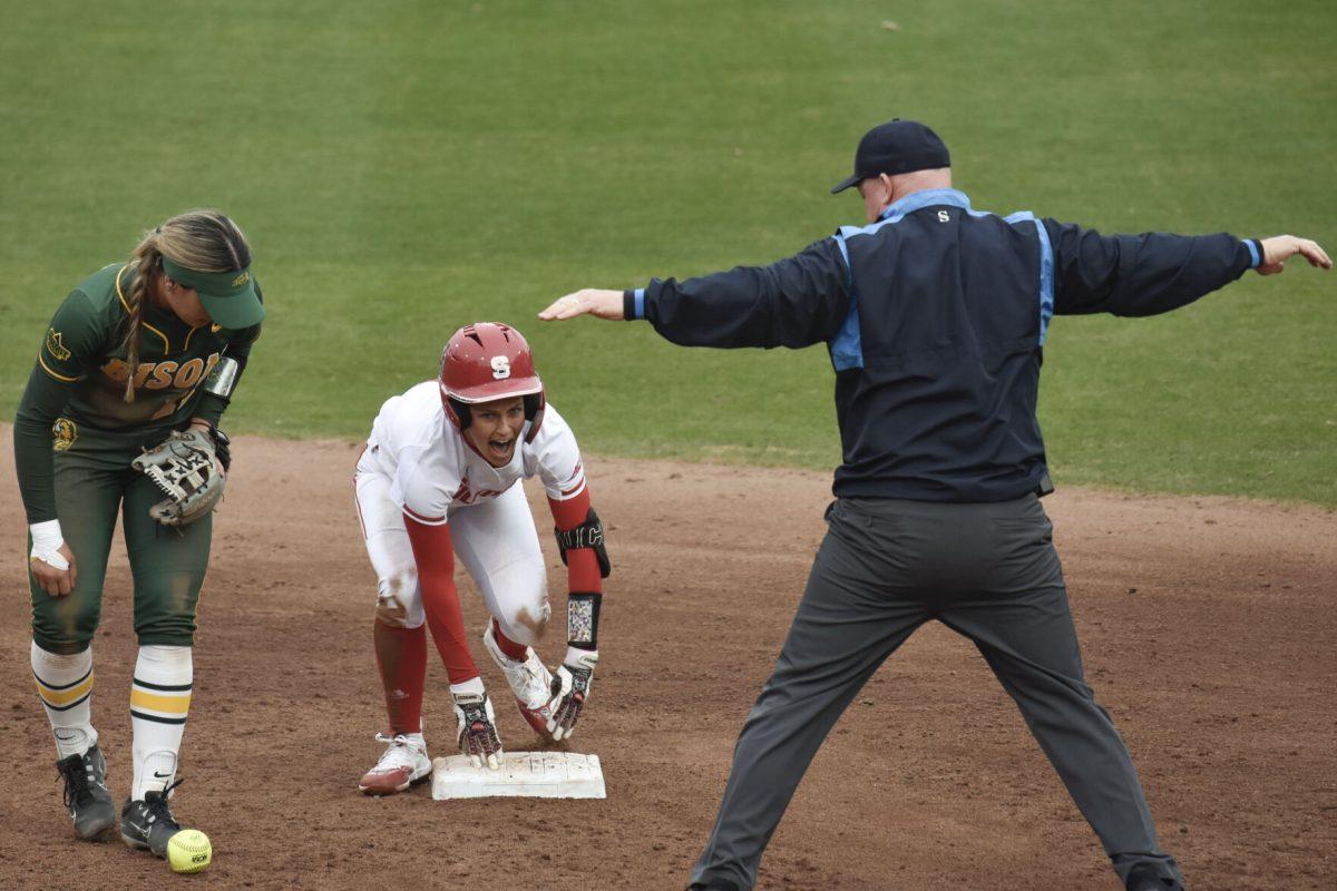 Freshman left fielder Tori Ensley remains safe on second base during the game against North Dakota State at Dail Softball Stadium on Friday, Feb. 16, 2024. Ensley had three at bats and two hits. NC State beat North Dakota State 6-4.