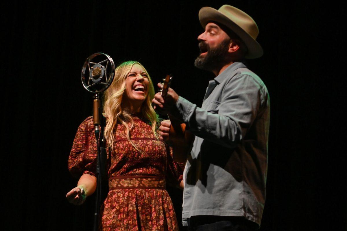 Ellie Holcomb, left, and Drew Holcomb, right, perform during their Feels Like Home tour at The Carolina Theatre on Thursday, Feb. 15, 2024. Drew and Ellie Holcomb are a husband and wife Americana duo from Nashville, TN.