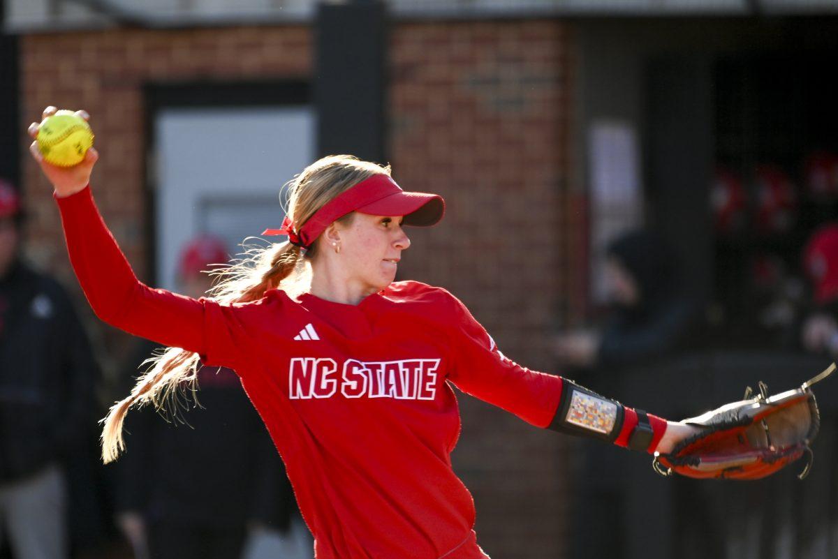Sophomore pitcher Rylee Wyman pitches the ball during the game against App State at Dail Softball Stadium on Sunday, Feb. 25, 2024. Wyman striked out 3 players. NC State beat App State 6-2.