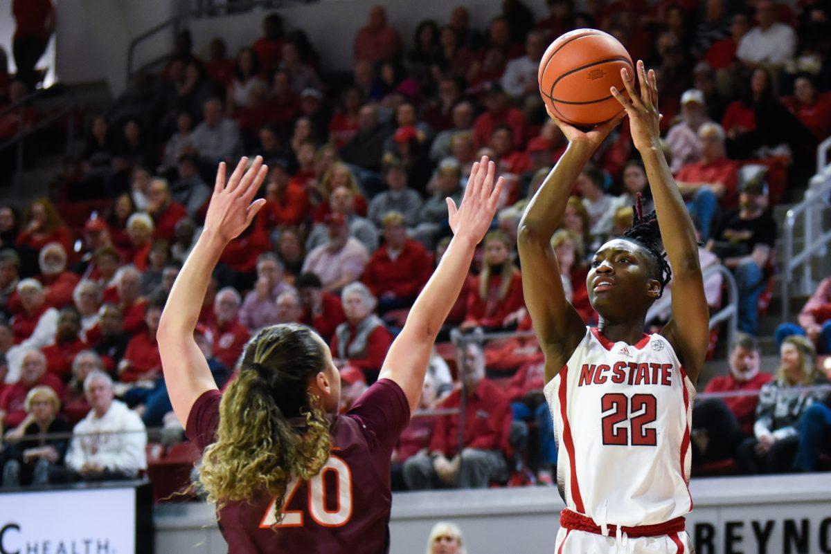 Junior guard Saniya Rivers shoots a jump shot during the game against Virginia Tech in Reynolds Coliseum on Thursday, Feb. 8, 2024. Rivers scored 12 points. The Hokies defeated the Wolfpack 72-61.