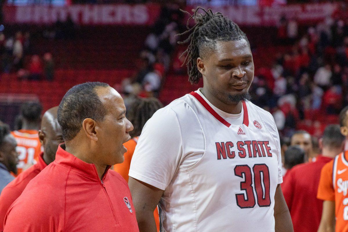 Graduate Forward DJ Burns Jr. looks disappointed after the game against Syracuse in PNC Arena on Tuesday, Feb 20, 2024. Burns scored 12 points during the game. NC State lost to Syracuse 83-87.