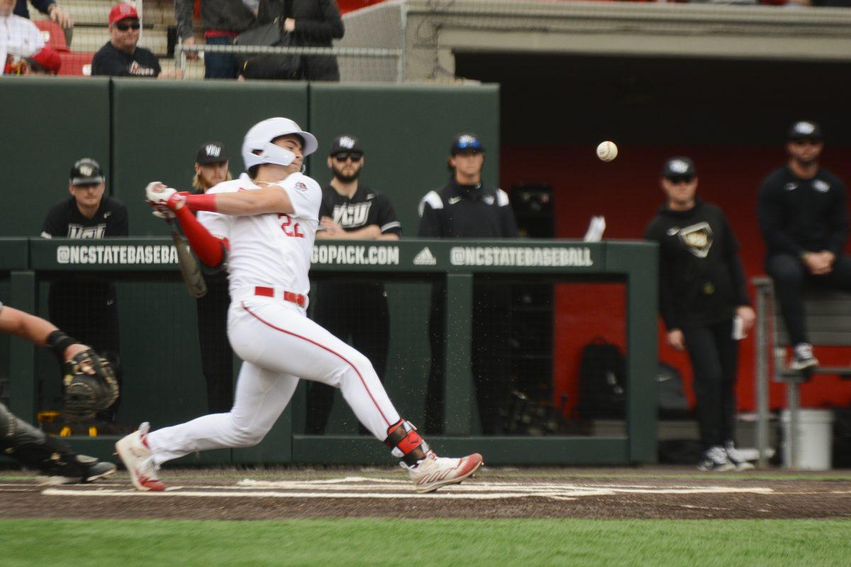 Sophomore outfielder Josh Hogue swings at the ball during the opening day baseball game against VCU at Doak Field at Dail Park on Friday, Feb. 16, 2024. Hogue had one hit. NC State beat VCU 6-1.