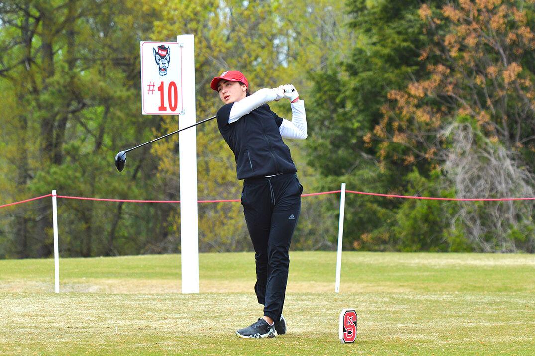 Sophomore Lauren Olivares Leon tees off during the match versus Louisville in the Wolfpack Match Play semifinals at Lonnie Poole Golf Course&#160;on Monday, April 3, 2023. Olivares Leon lost her final match versus FSU 7&amp;6.&#160;NC State beat Louisville 3-1-1 in the semifinals and beat FSU 3-2-0 in the finals.