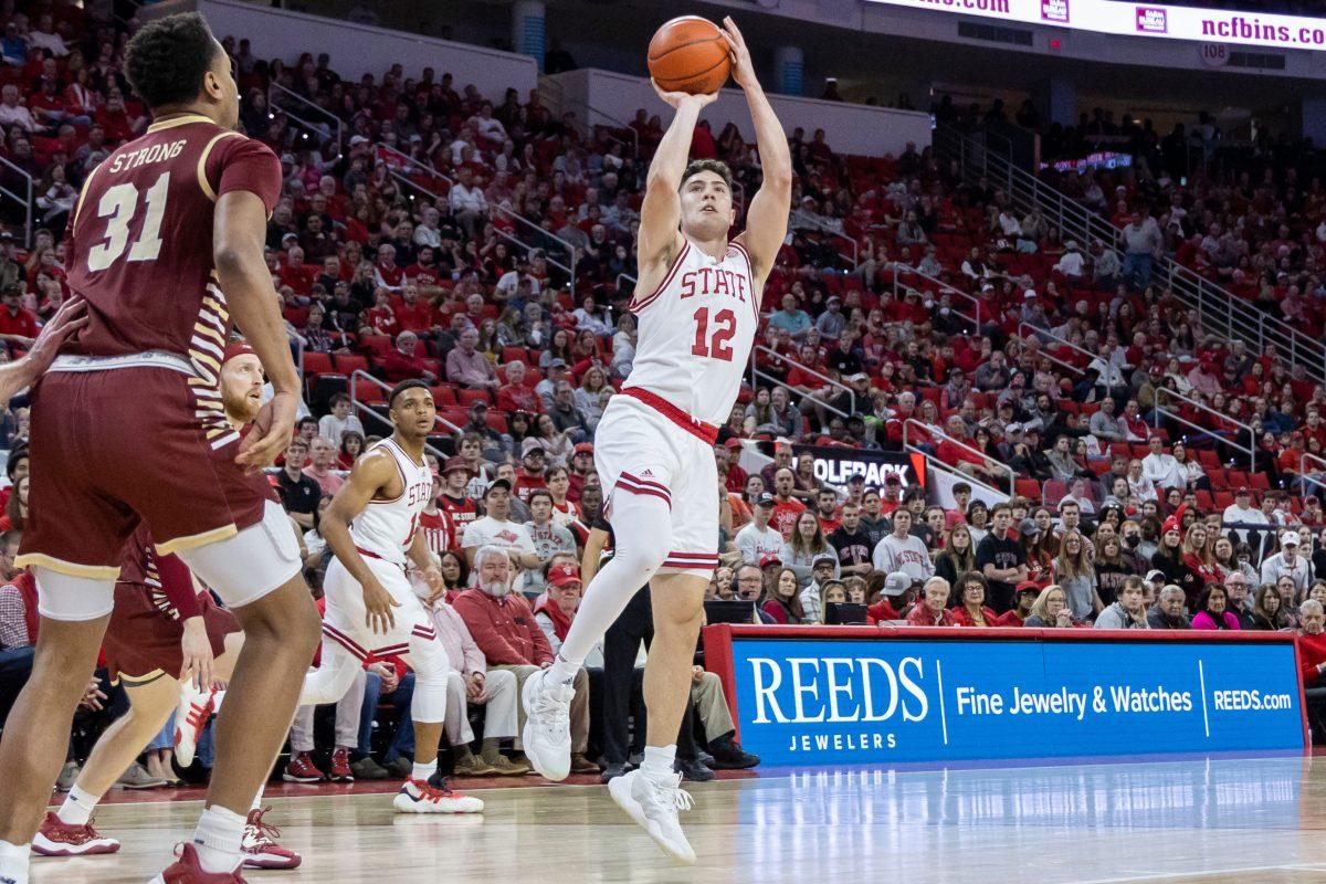 Graduate Guard Michael O&#8217;Connell shoots for two during the game against Boston College in PNC Arena on Saturday, Feb 24, 2024. O&#8217;Connell scored 6 points during the game. NC State beat Boston College 81-70
