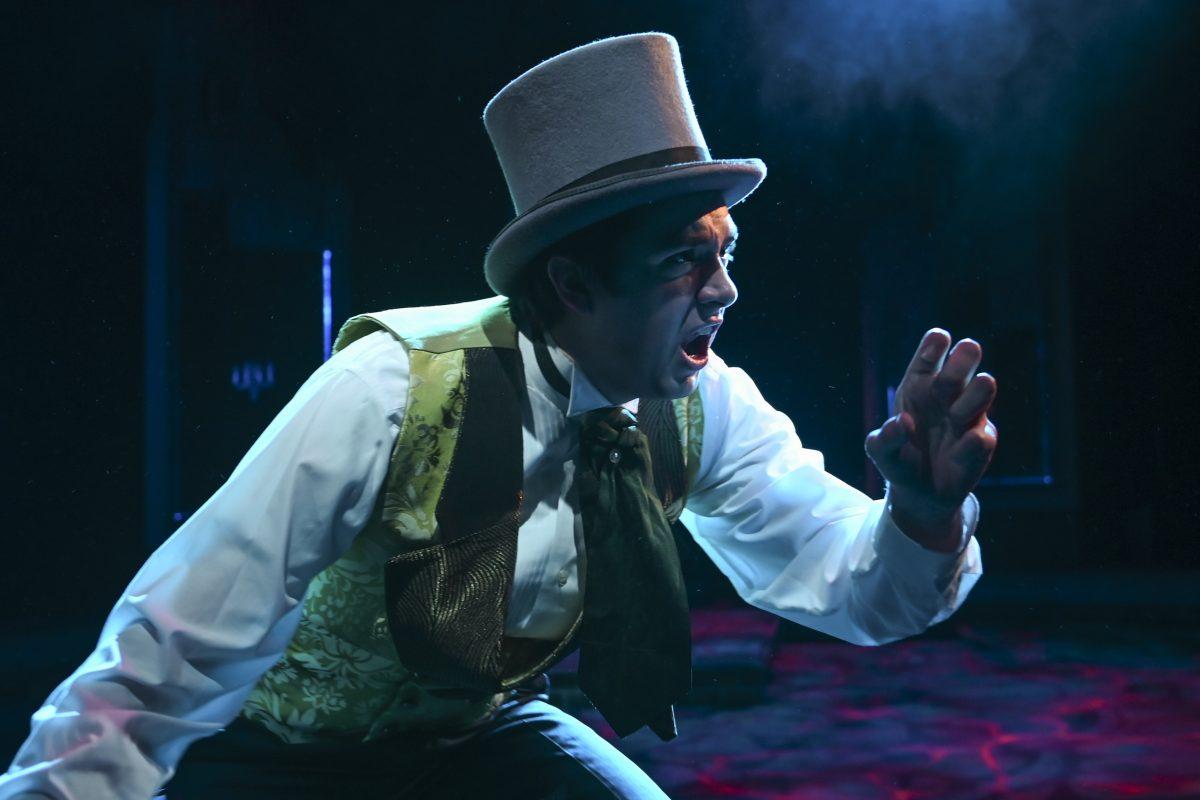 Jackson Lods, a fourth-year studying chemical engineering, as Dr. Henry Jekyll and Edward Hyde leaps towards the audience in the performance of "Jekyll &amp; Hyde" in Stewart Theatre on Wednesday, Feb. 14, 2024. The musical was based on author Robert Louis Stevenson's novel, "The Strange Case of Dr. Jekyll and Mr. Hyde."