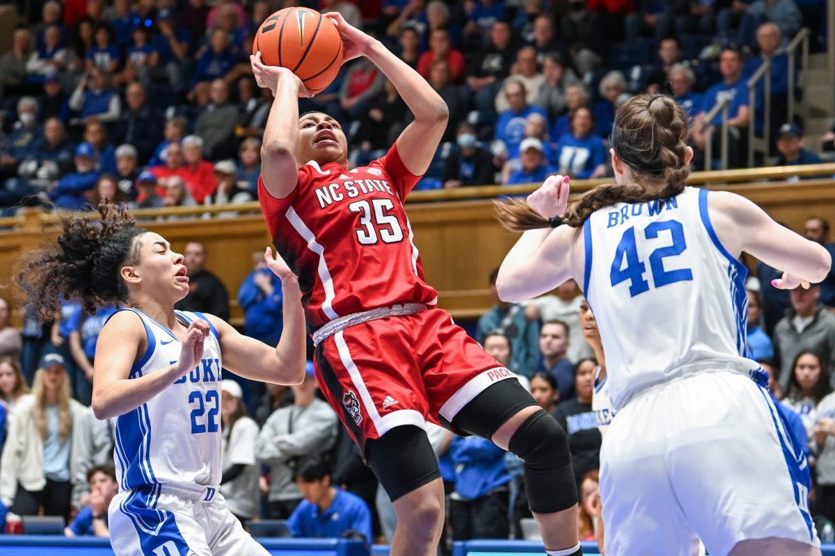 Freshman guard Zoe Brooks shoots the ball during the game against Duke at Cameron Indoor Stadium on Sunday, Feb. 25, 2024. Brooks scored 10 points. NC State lost to Duke 68-58.