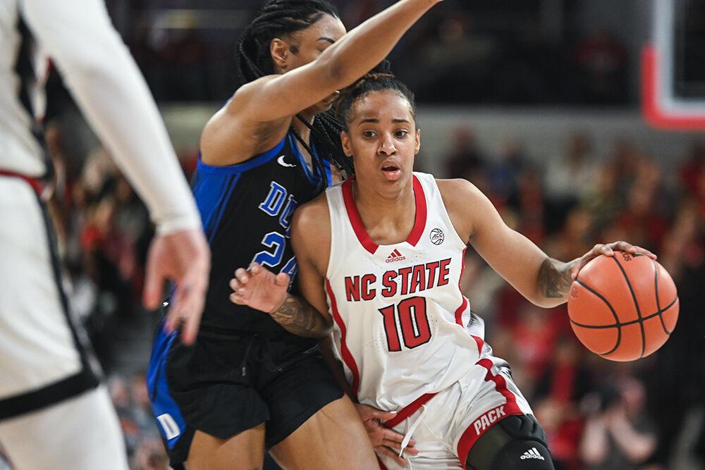 Junior guard Aziaha James drives the ball through the defense to the basket during the game against Duke in Reynolds Coliseum on Sunday, Jan. 21, 2024. James led in scoring with 33 points and made eight rebounds. NC State beat Duke 72-57.