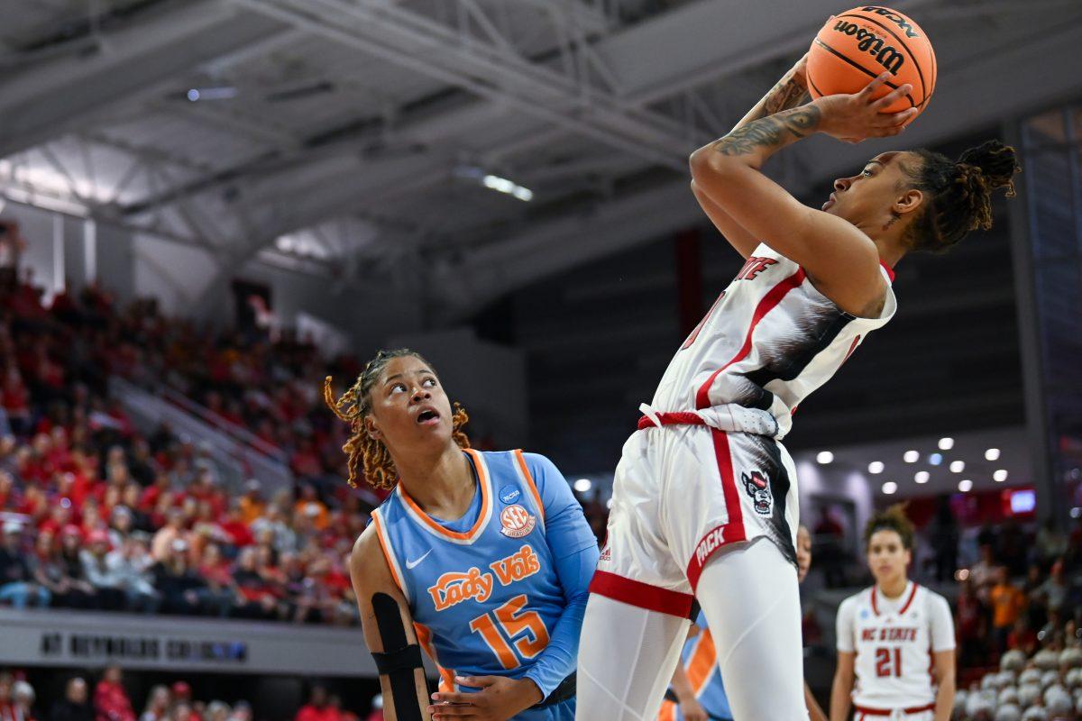 Junior guard Aziaha James shoots the ball during the game against Tennessee in Reynolds Coliseum on Monday, March 25, 2024. James had seven assists and 22 points . The Wolfpack beat the Lady Volunteers 79-72.