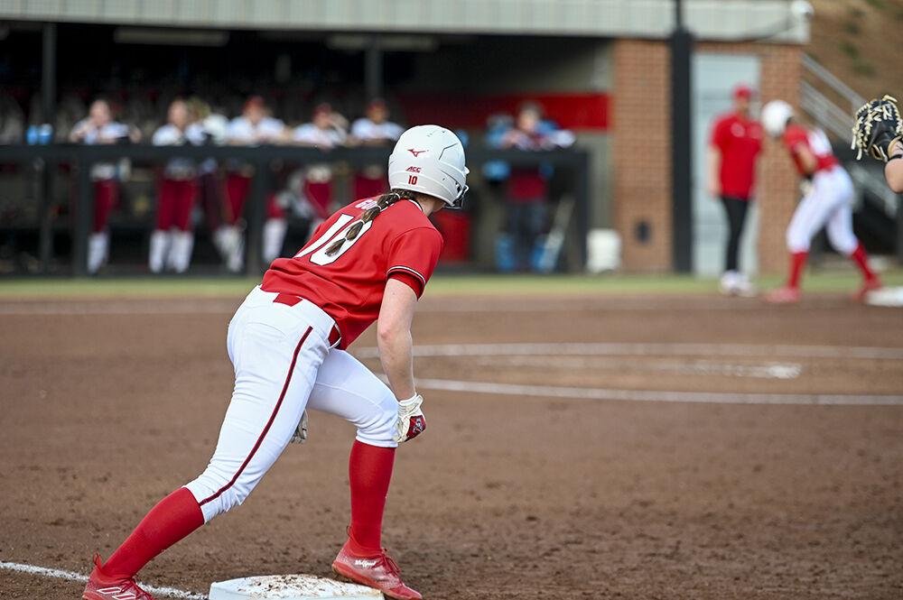 Freshman outfielder Ellie Goins gets ready to run to second base during the game against Elon at Dail Softball Stadium on Wednesday, Feb. 22, 2023. Goins scored one run. NC State beat Elon 11-3.