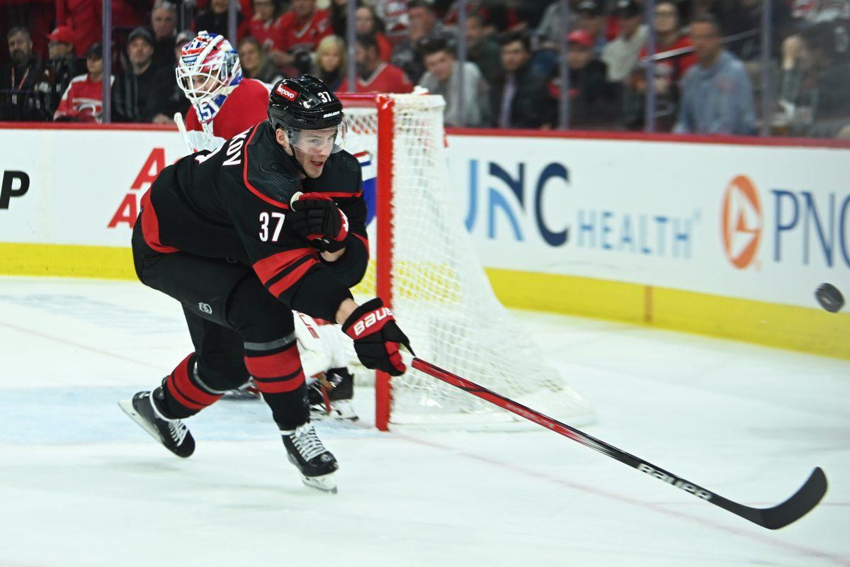 Left wing Andrei Svetchnikov lunges for the puck during the Carolina Hurricanes game versus the Montreal Canadiens on Thursday, March 7, 2024. Svetchnikov scored one goal for the Hurricanes. The Hurricanes beat the Canadiens 4-1.