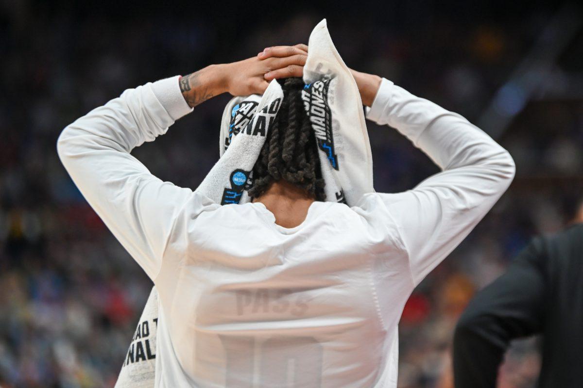 Junior guard Breon Pass stresses out during the NCAA March Madness round two game against the Oakland University Golden Grizzlies in PPG Paints Arena on Saturday, March 23, 2024. The Wolfpack beat the Golden Grizzlies 79-73 in overtime.