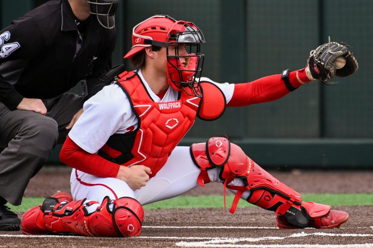 Redshirt freshman catcher/infielder Drew Lanphere catches a ball during the baseball game against Towson at Doak Field at Dail Park on Friday, March 1, 2024. Lanphere had two hits and two RBI's. NC State beat Towson 6-5.