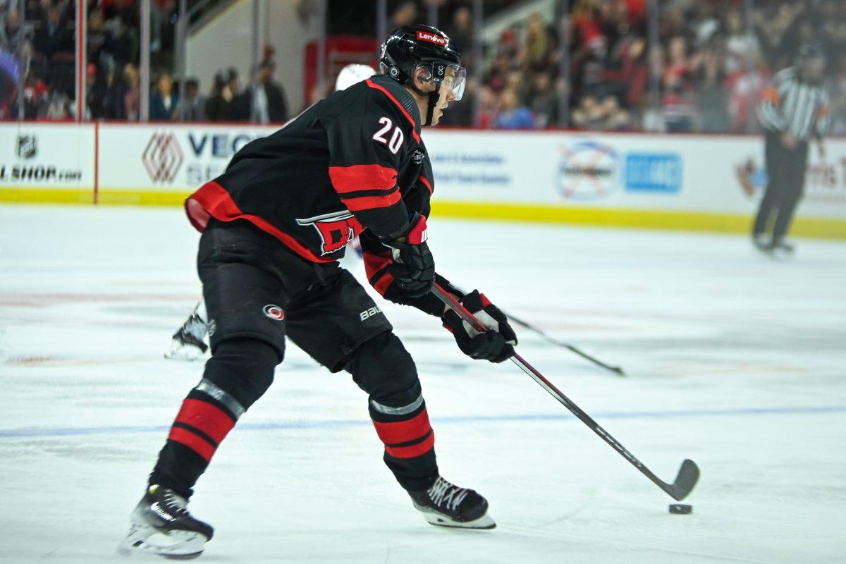 Center Sebastian Aho passes the puck during the Carolina Hurricanes game versus the Montreal Canadiens on Thursday, March 7, 2024. The Hurricanes beat the Canadiens 4-1.
