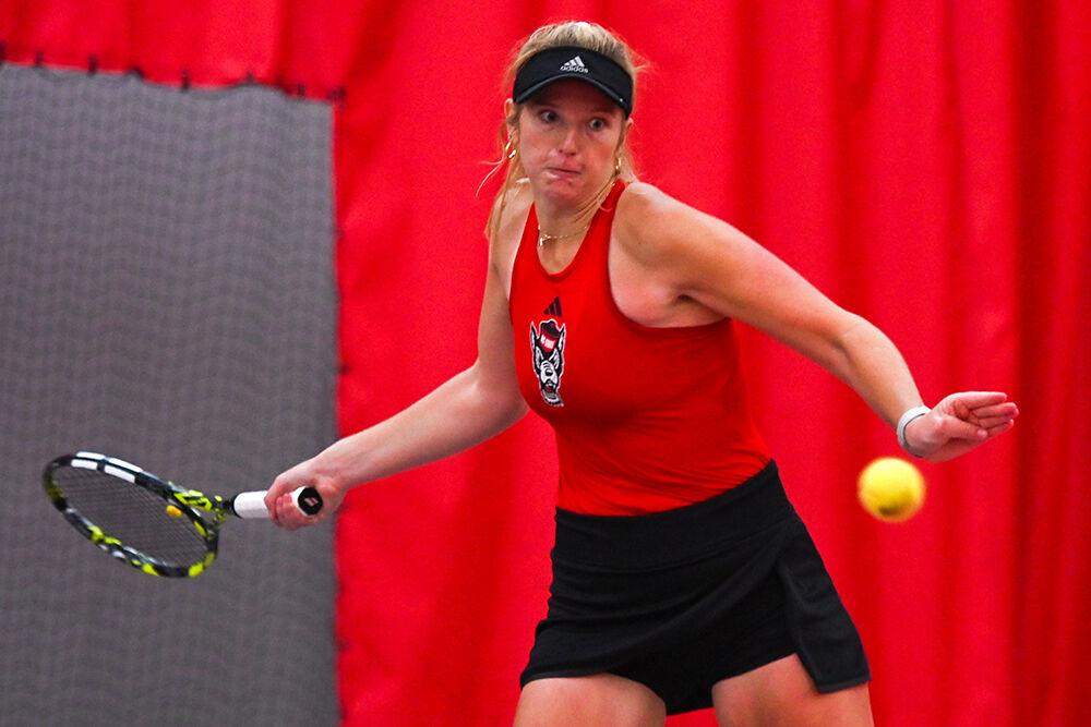Freshman Maddy Zampardo returns in her singles game against Campbell player Lily Chitambar on Saturday, Jan. 20, 2024 at the J.W. Isenhour Tennis Center. Zampardo won her singles match 2-0, with scores of 4-6 and 6-7 for the individual sets. NC State won the match 7-0.