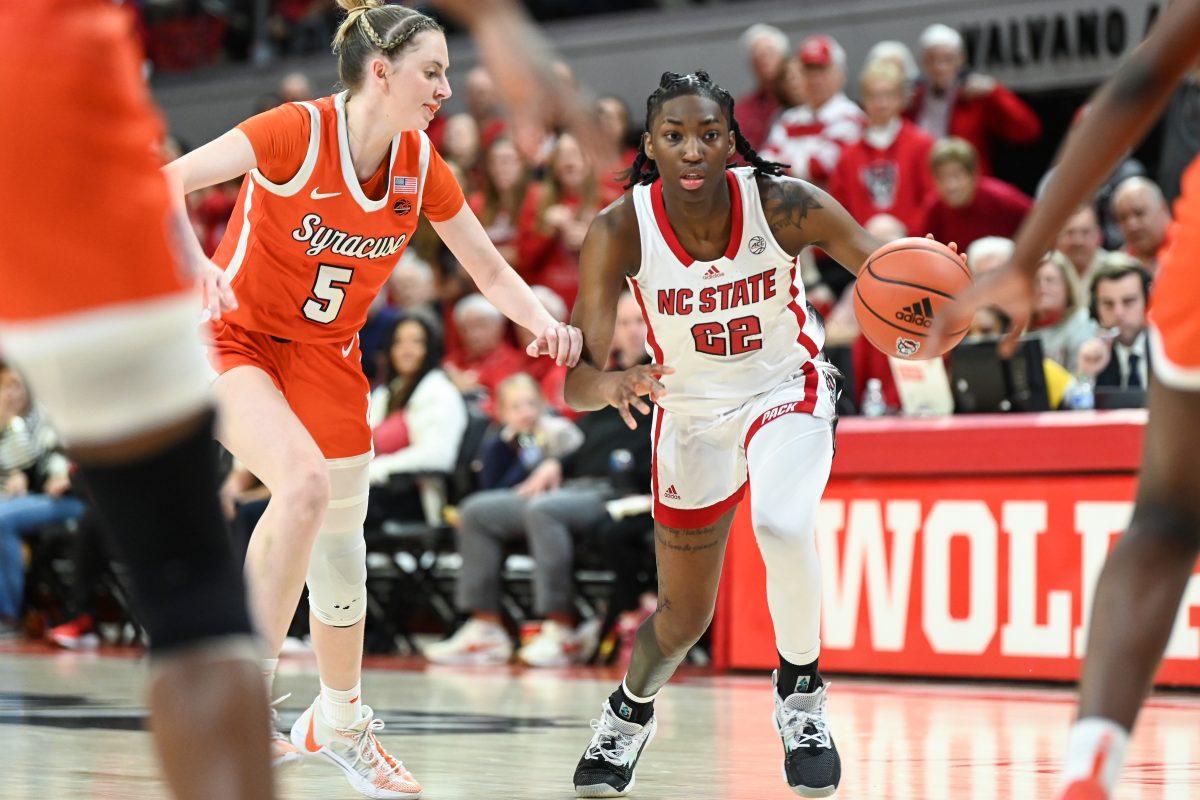 Junior guard Saniya Rivers drives the ball to the basket during the game against Syracuse in Reynolds Coliseum on Thursday, Feb. 29, 2024. Rivers led in scoring with 22 points. NC State beat Syracuse 75-71 in overtime.