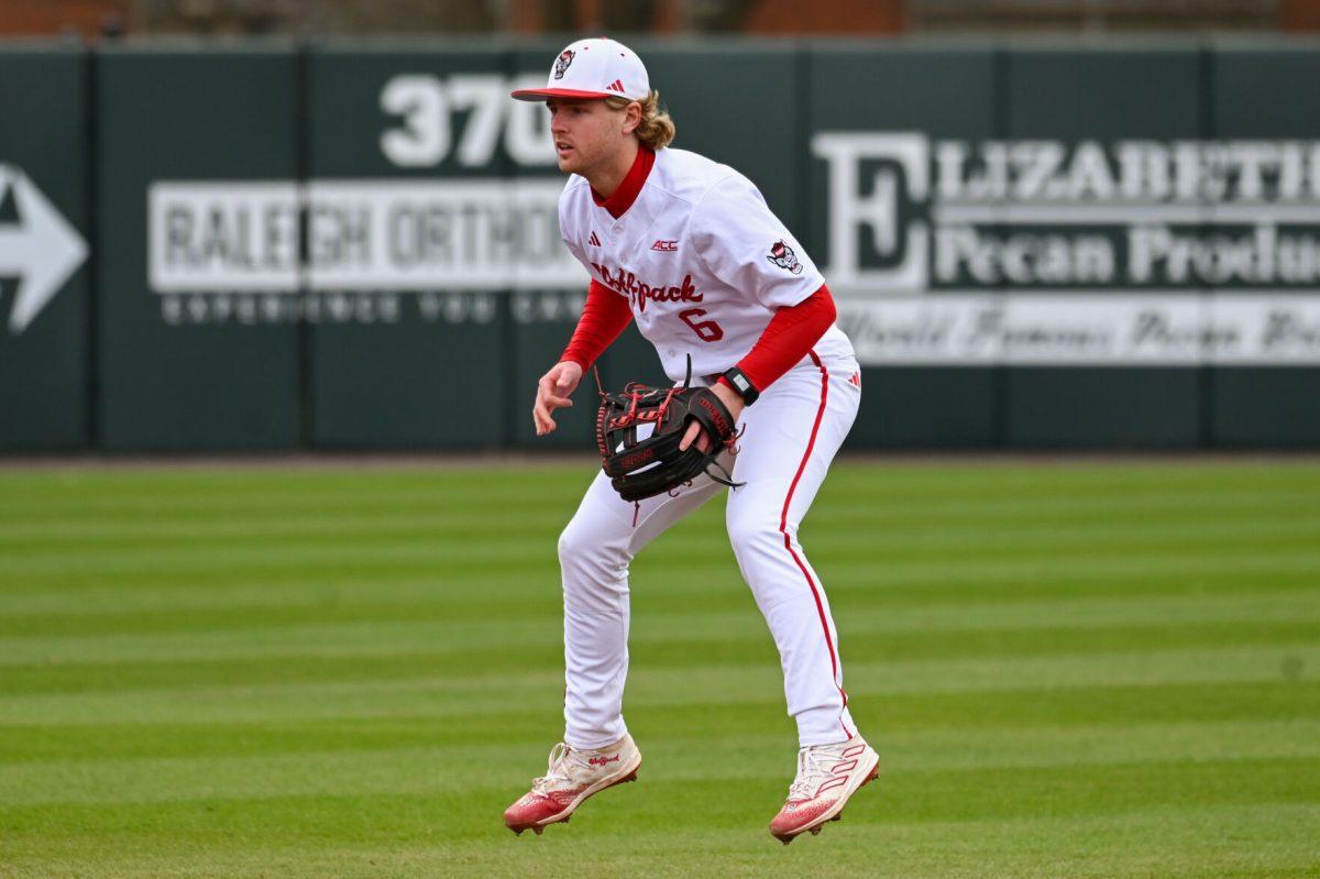 Sophomore infielder Matt Heavner anticipates a ball during the baseball game against Towson at Doak Field at Dail Park on Friday, March 1, 2024. NC State beat Towson 6-5.