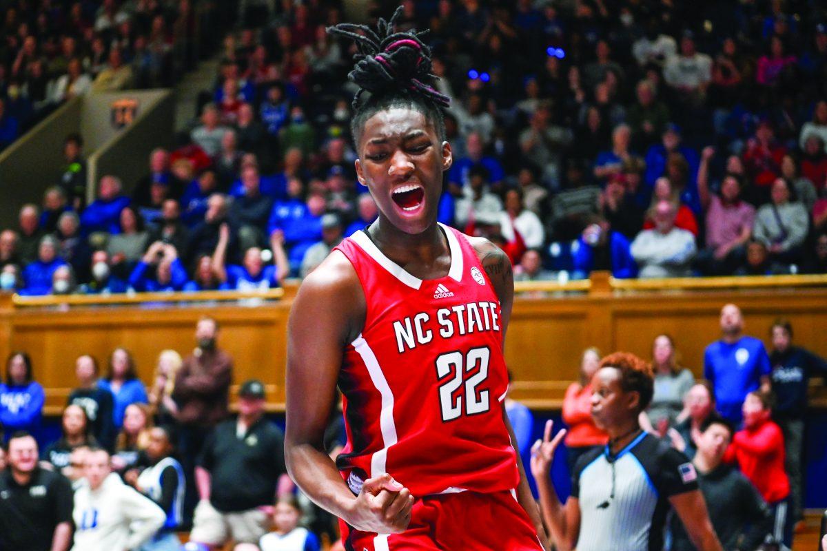 Junior guard Saniya Rivers celebrates making an and-one layup during the game against Duke at Cameron Indoor Stadium on Sunday, Feb. 25, 2024. Rivers scored 13 points and eight rebounds. NC State lost to Duke 68-58.