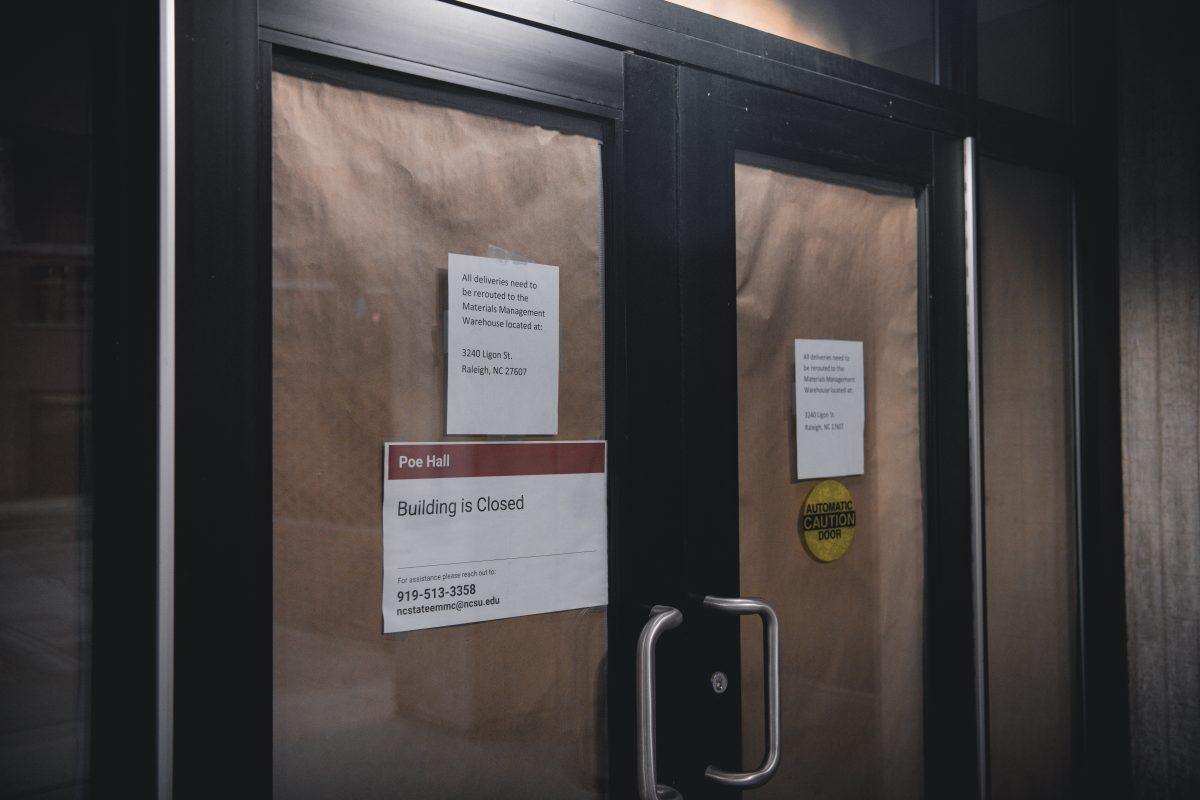 Doors are locked and covered as the closure continues at Poe Hall on Wednesday, Jan. 24, 2024. Poe Hall was closed in November 2023 due to the presence of environmental contaminants (PCBs).
