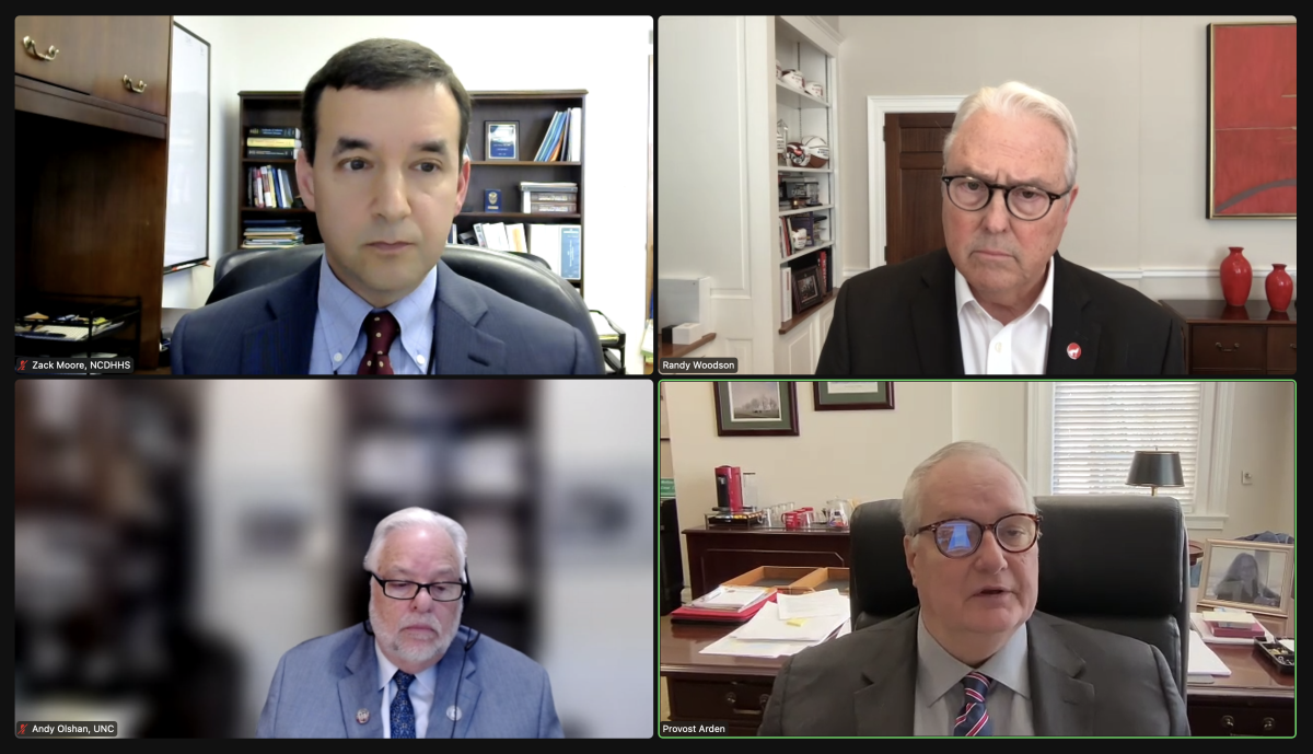 State epidemiologist Dr. Zach Moore,&#160;Chancellor Randy Woodson,&#160;UNC-Chapel Hill professor in cancer epidemiology&#160;Andrew Olshan&#160;and&#160;Provost Warwick Arden participate in a webinar Monday, March 25, 2024. Woodson and Arden provided information on NC State's investigation of PCBs in Poe Hall, and Moore and Olshan discussed the challenges of investigating&#160;cancer clusters.&#160;