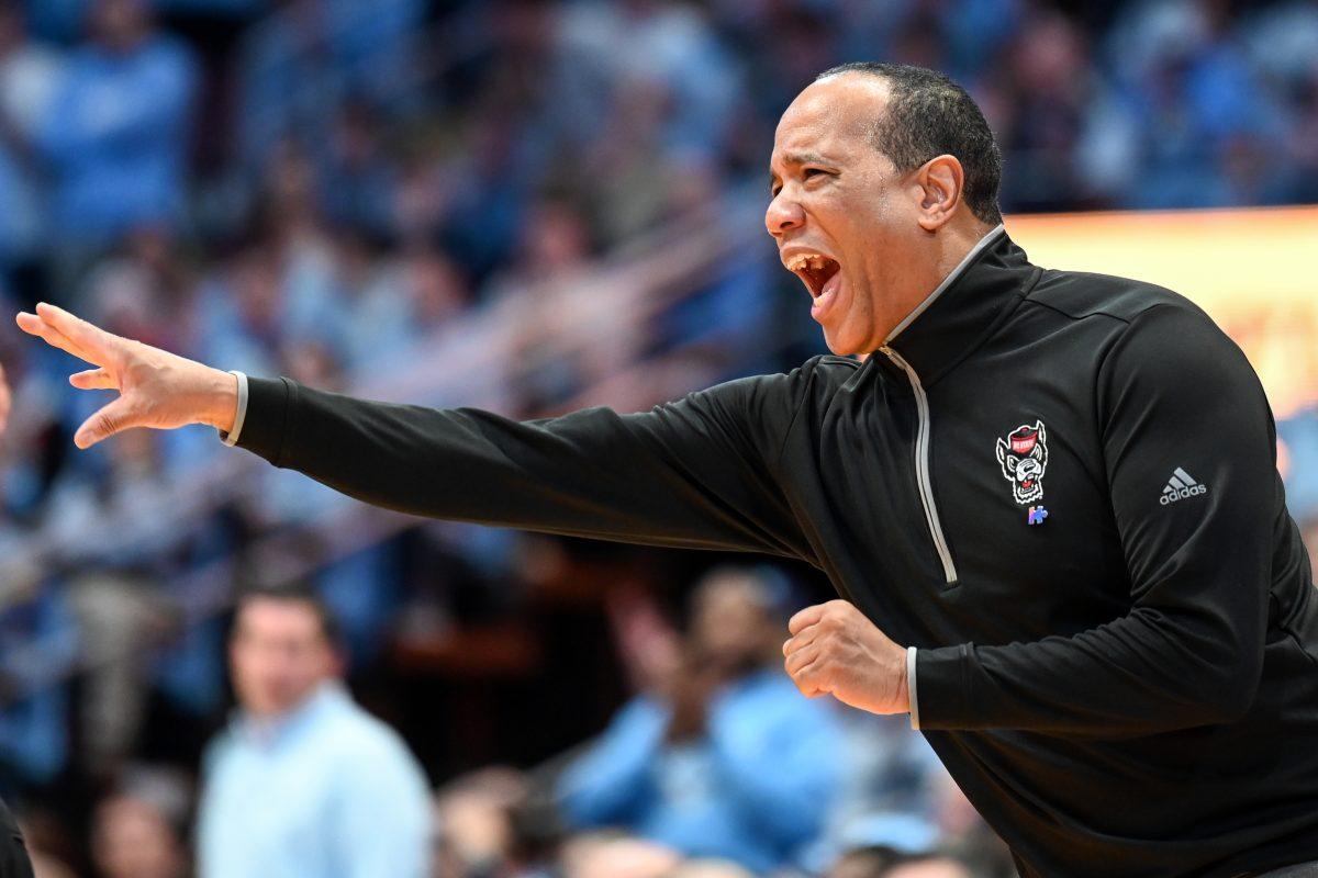 Head coach Kevin Keatts yells at his team during the game against UNC-Chapel Hill in Dean E. Smith Center on Saturday, March 2, 2024. NC State lost to Chapel Hill 79-70.