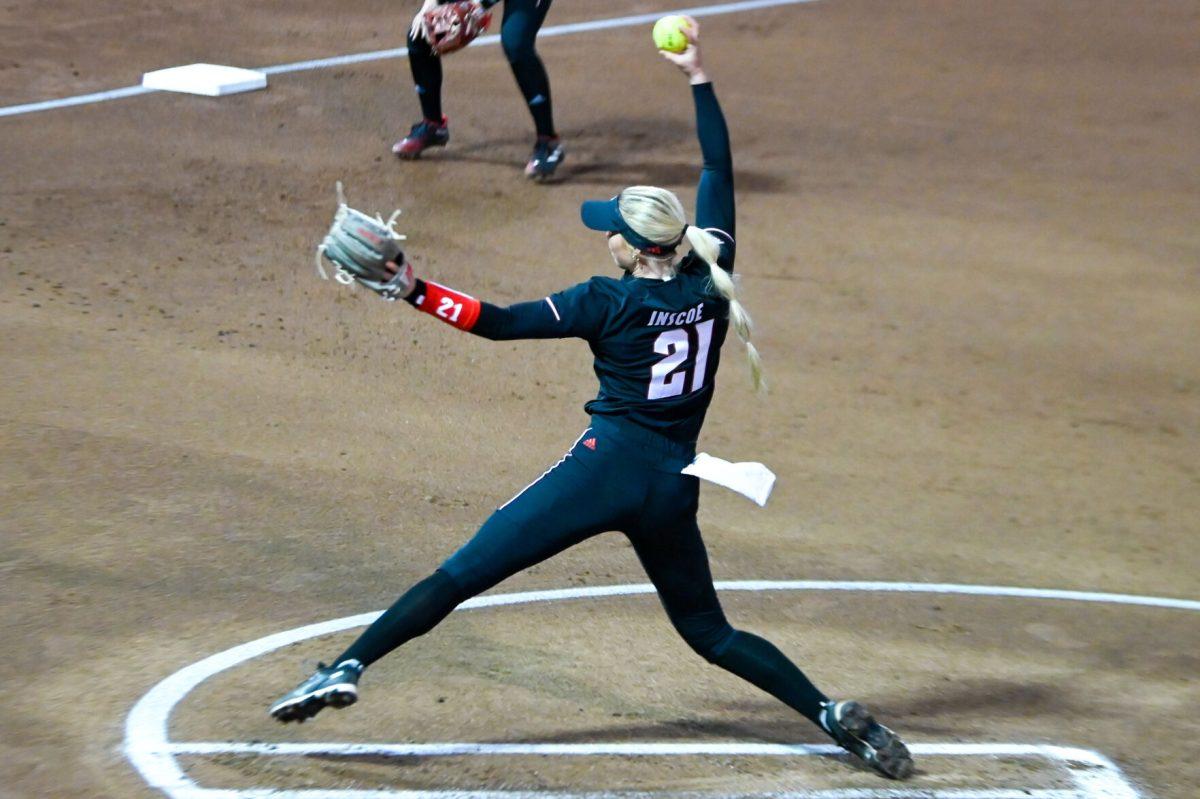 Sophomore pitcher Madison Inscoe pitches during the game against Charlotte at Dail Softball Stadium on Tuesday, March 26, 2024. Inscoe pitched three innings and gave up two runs while recording two strikeouts. The Wolfpack lost to the 49ers 4-2.