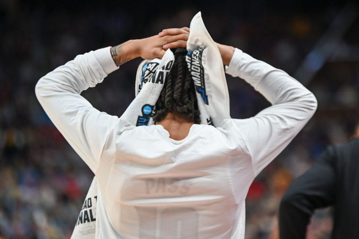 Junior guard Breon Pass stresses out during the NCAA March Madness round two game against the Oakland University Golden Grizzlies in PPG Paints Arena on Saturday, March 23, 2024. The Wolfpack beat the Golden Grizzlies 79-73 in overtime.