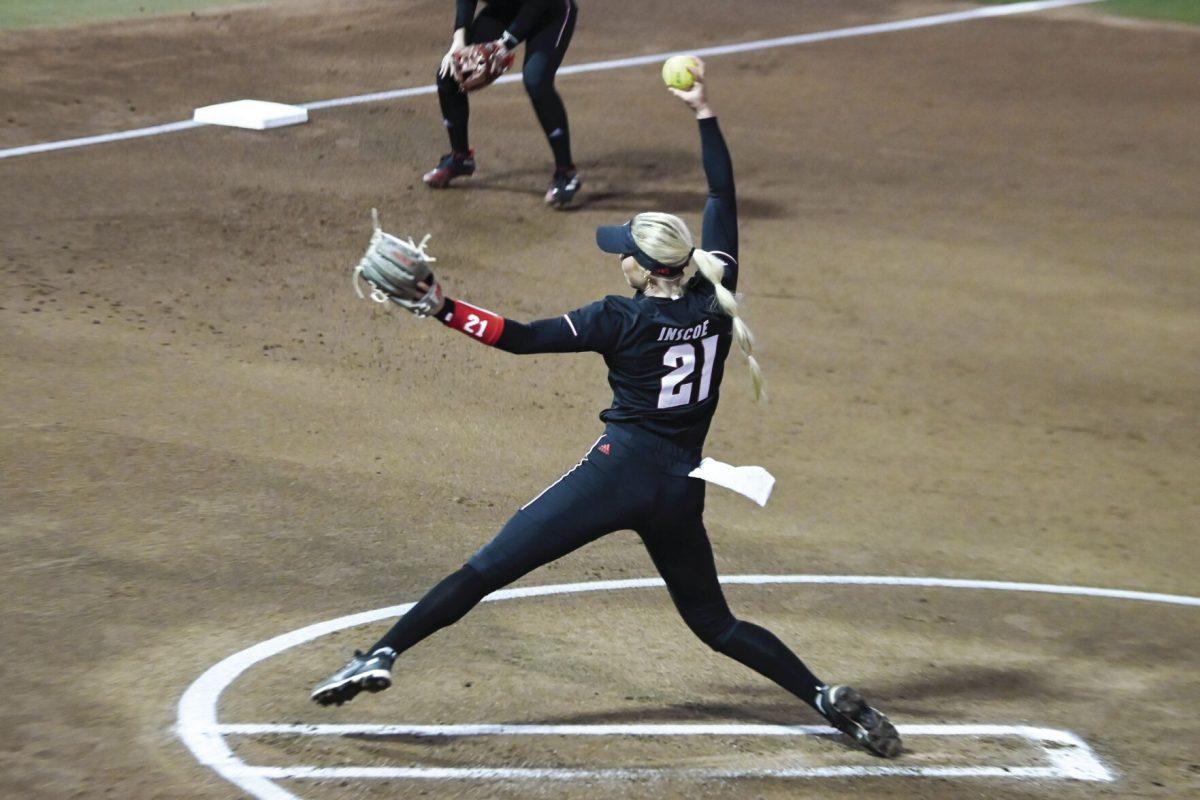 Sophomore pitcher Madison Inscoe pitches during the game against UNC-Charlotte at Dail Softball Stadium on Tuesday, March 26, 2024. Inscoe pitched three innings and gave up two runs while recording two strikeouts. The Wolfpack lost to the 49ers 4-2.