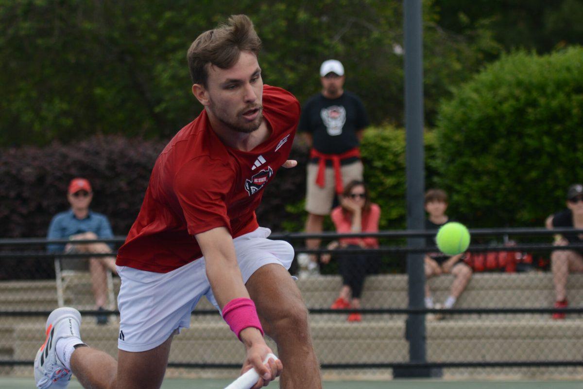 Freshman Jakub Katuch runs towards the ball during the ACC Tournament quarterfinals match against Florida State at Cary Tennis Park on Friday, April 19, 2024. NC State lost 4-0 to Florida State.