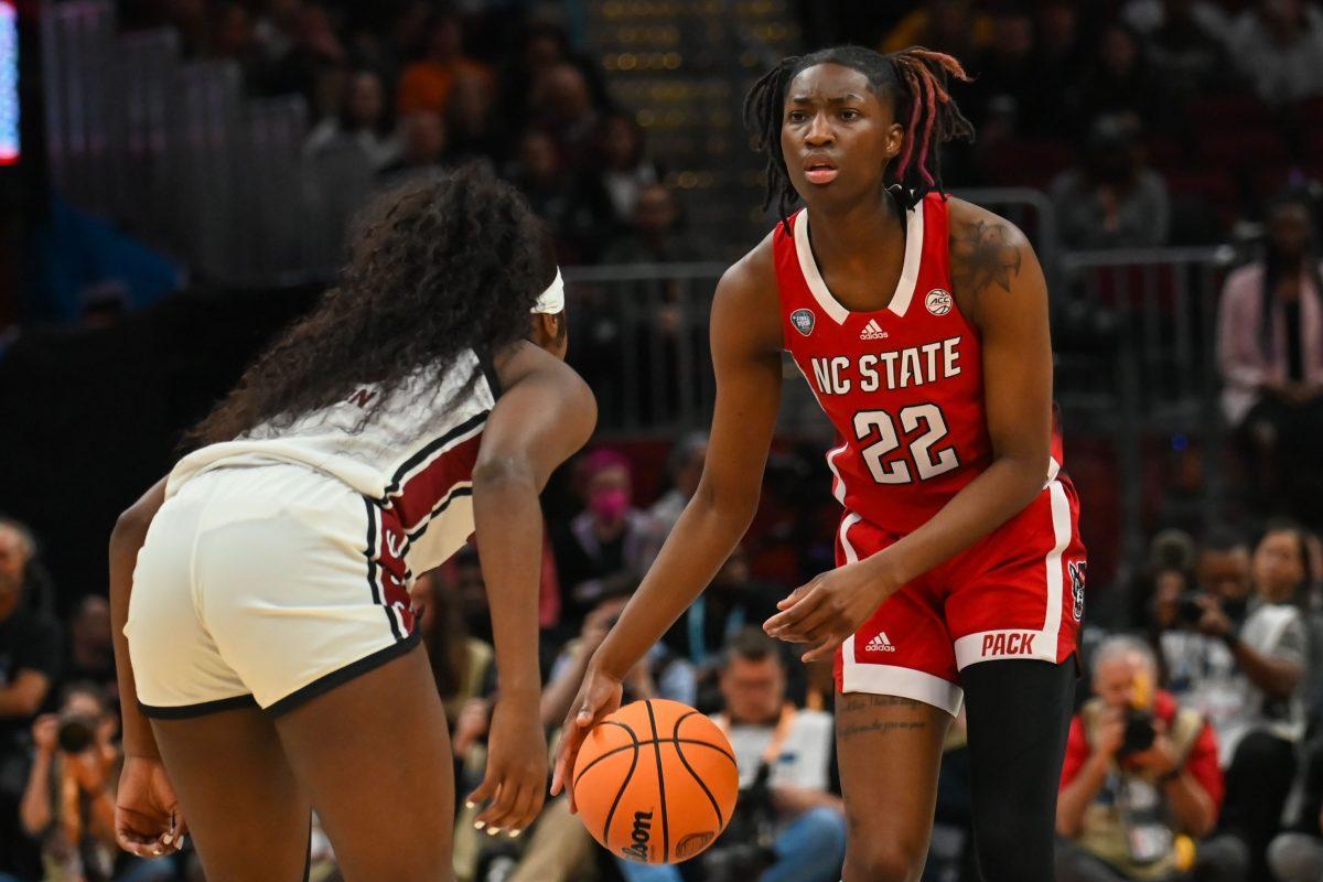 Junior guard Saniya Rivers looks confused while dribbling the ball during the game against South Carolina at Rocket Mortgage FieldHouse in Cleveland on April 5, 2024. Rivers scored eight points and made one rebound. The Wolfpack lost to the Gamecocks 78-59.