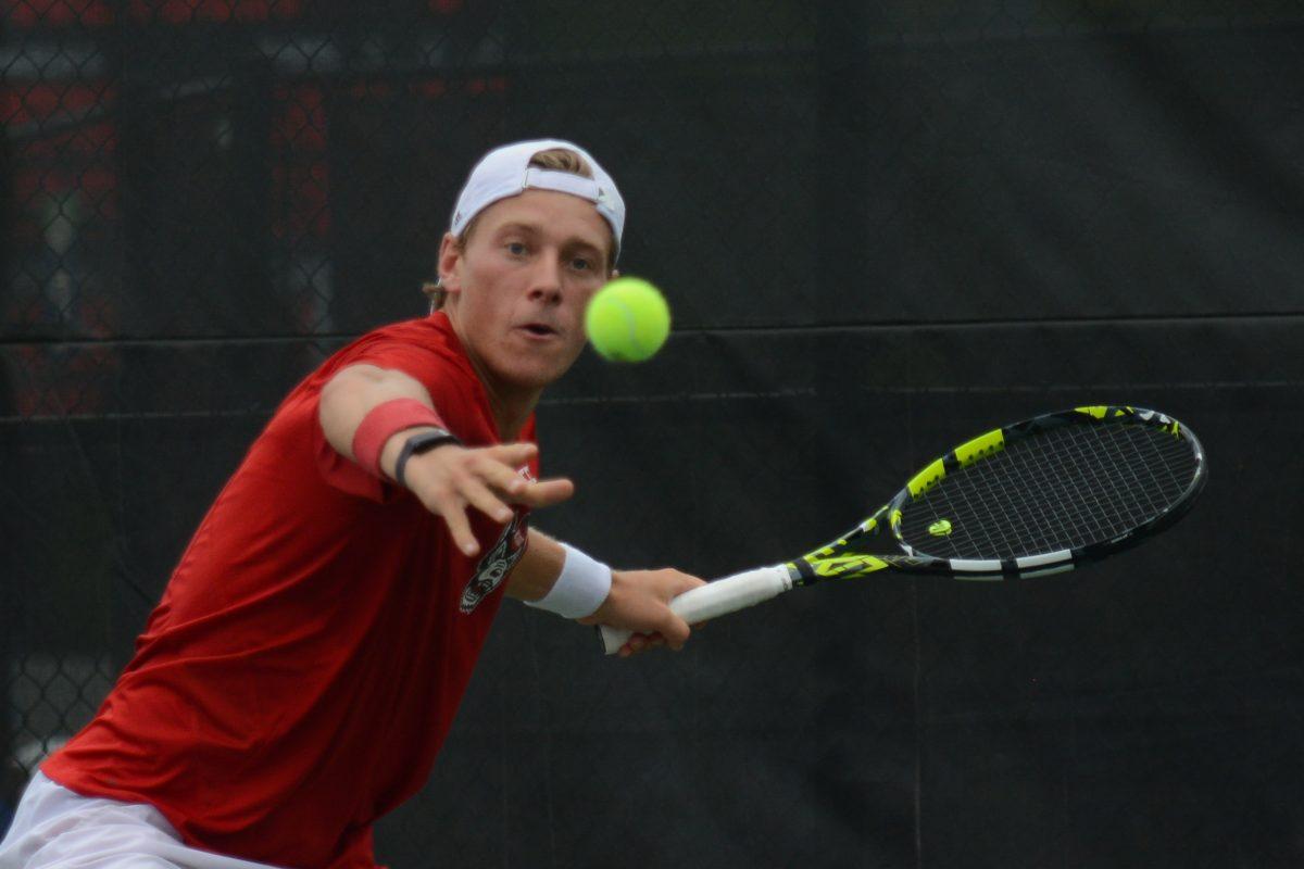 Junior Fons Van Sambeek prepares to return the ball during the ACC Tournament quarterfinals match against Florida State at Cary Tennis Park on Friday, April 19, 2024. NC State lost 4-0 to Florida State.