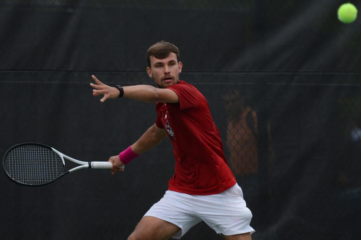Freshman Jakub Katuch returns the ball during the ACC Tournament quarterfinals match against Florida State at Cary Tennis Park on Friday, April 19, 2024. NC State lost 4-0 to Florida State.