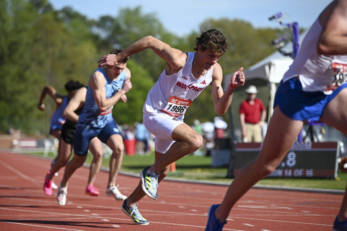 Senior mid-distance runner Zach Hughes kicks off the starting line during the Raleigh Relays track meet at the Derr Track and Field Facility on Saturday, March 30, 2024. Hughes finished second in his 800m dash heat with a time of 1:50.40.