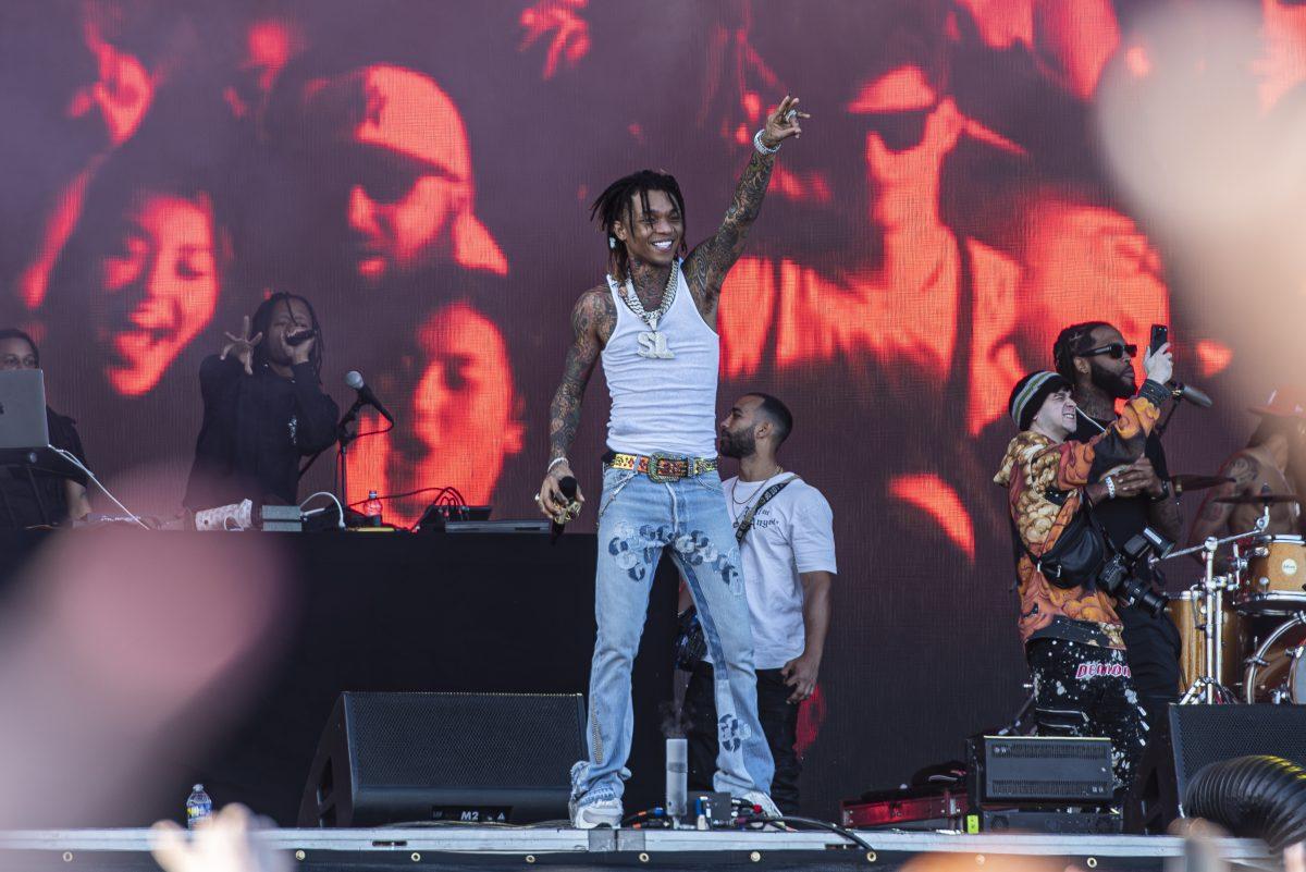 Swae Lee engages with the crowd at Dreamville Festival in Dorothea Dix Park on Sunday, April 7, 2024. Swae Lee, one-half of Rae Sremmurd, performed his hit song "Sunflower" from the 2018 film "Spider-Man: Into The Spiderverse."