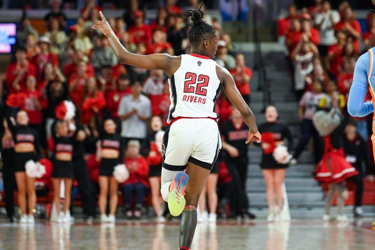 Junior guard Saniya Rivers celebrates a point scored during the game against Tennessee in Reynolds Coliseum on Monday, March 25, 2024. Rivers had six rebounds and 20 points. The Wolfpack beat the Lady Volunteers 79-72.
