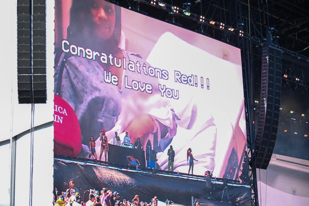 Sexxy Red's team congratulate her on the birth of her second child in February during the Dreamville Festival at Dorothea Dix Park on Saturday, April 6, 2024. Sexxy Red's birth footage was used in Drake's music video for "Rich Baby Daddy".